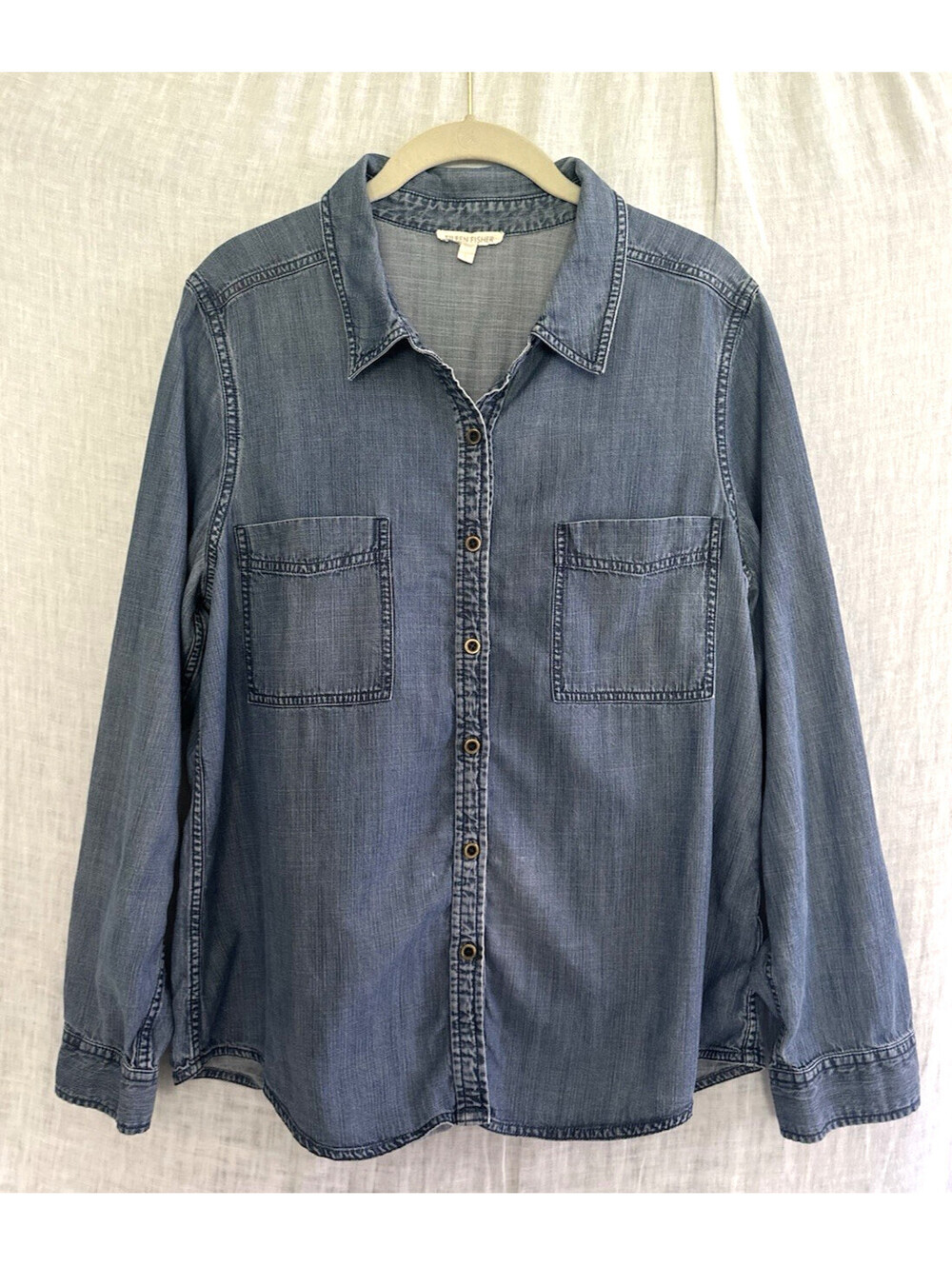 Eileen Fisher Womens Large Blue Tencel Cotton Chambray Button Up Shirt